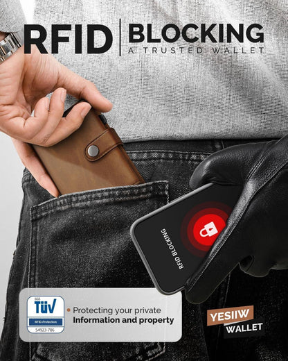YESIIW RFID Geldbörse Herren Kartenetui Trifold Slim Wallet Braun