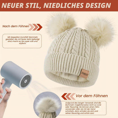 Damen Wintermütze mit Doppelbommel, warme Strick Beanie mit Fleece-Futter Grau