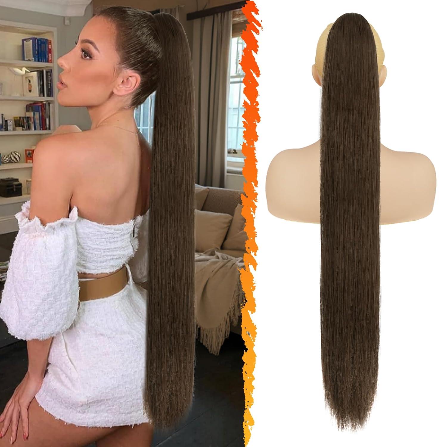 Lang Glattes Pferdeschwanz Verlängerung 86CM Braun Hair Extensions