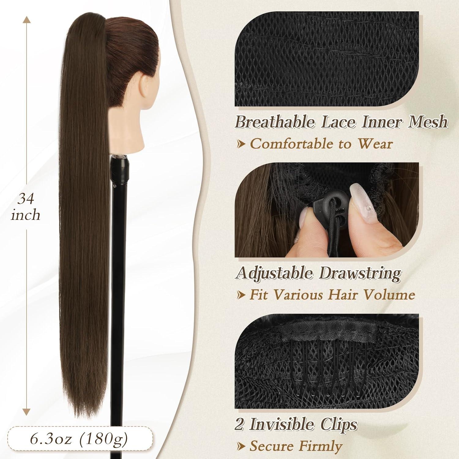 Glattes Pferdeschwanz Haarteil Braun 86CM Synthetik Clip