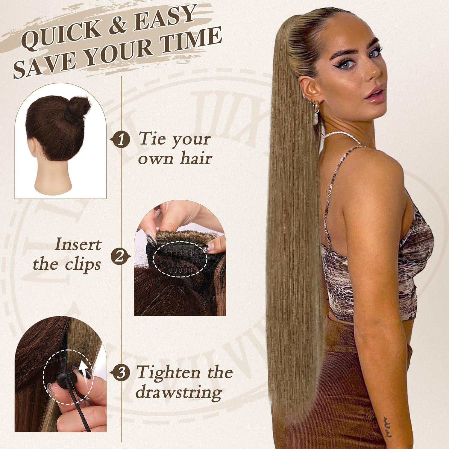 Lang Glattes Pferdeschwanz Haarverlängerung 86CM Braun Synthetik für Damen