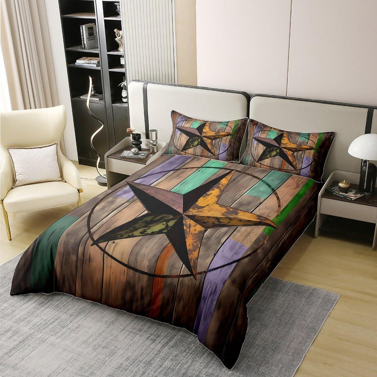 Rustikale Baumwoll Bettwäsche Set 220x240cm – Vintage Sternenmuster