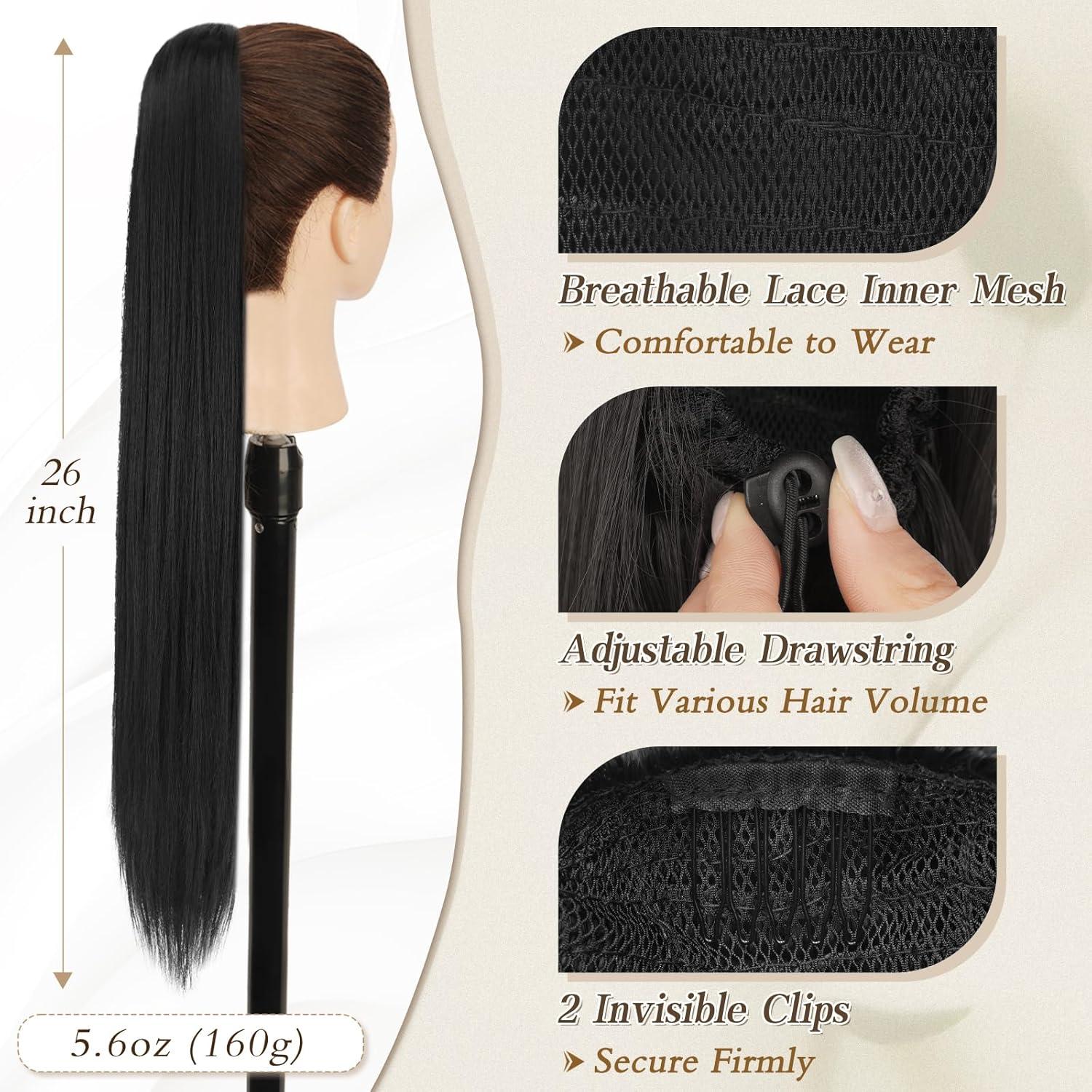 Schwarze 66CM Pferdeschwanzverlängerung Synthetik Haarclip