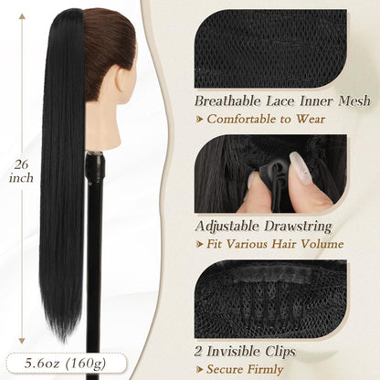 Schwarze 66CM Pferdeschwanzverlängerung Synthetik Haarclip