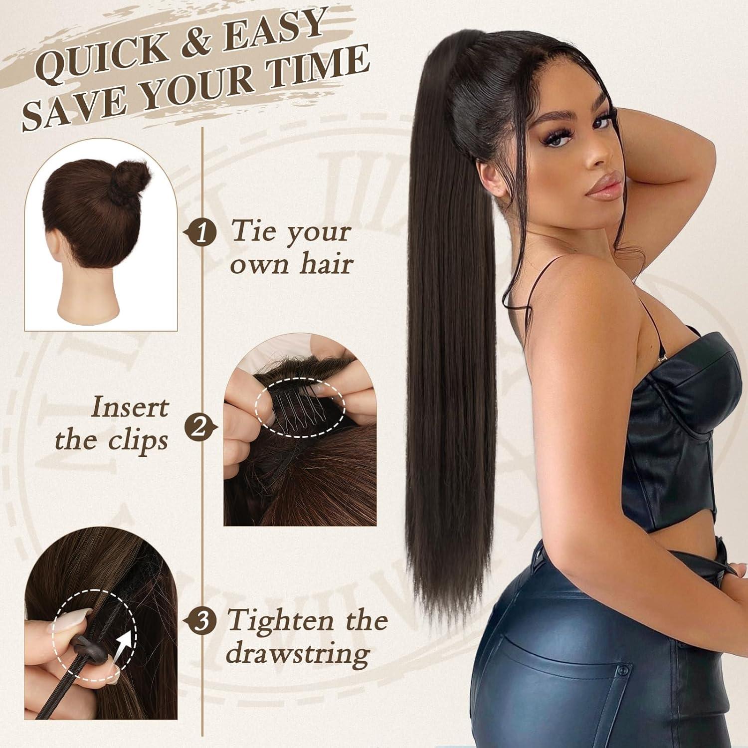Schwarze Pferdeschwanzverlängerung 66cm glatt synthetisch Zopf Clip für Damen