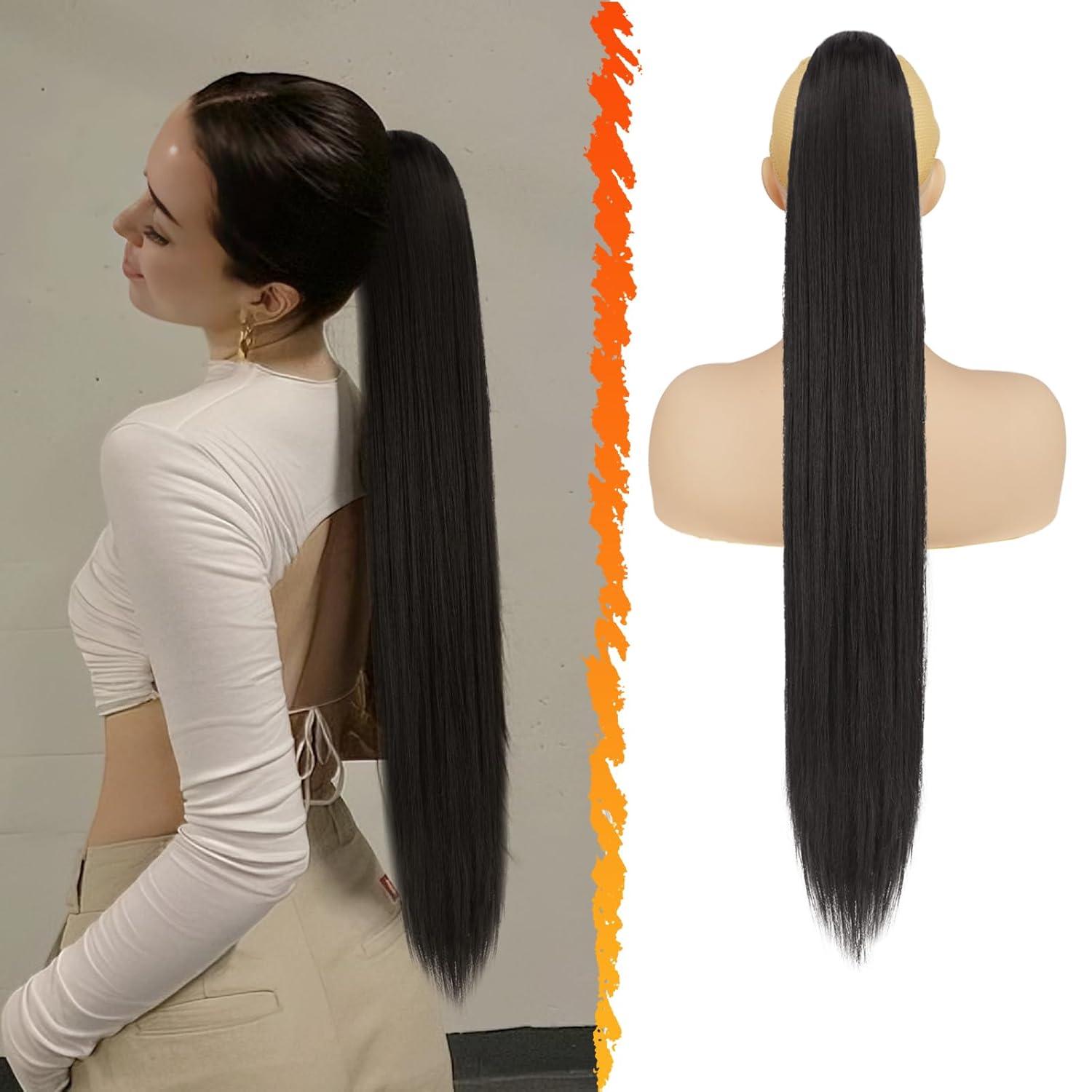 Glattes Pferdeschwanz Haarverlängerung Schwarz Braun Synthetik