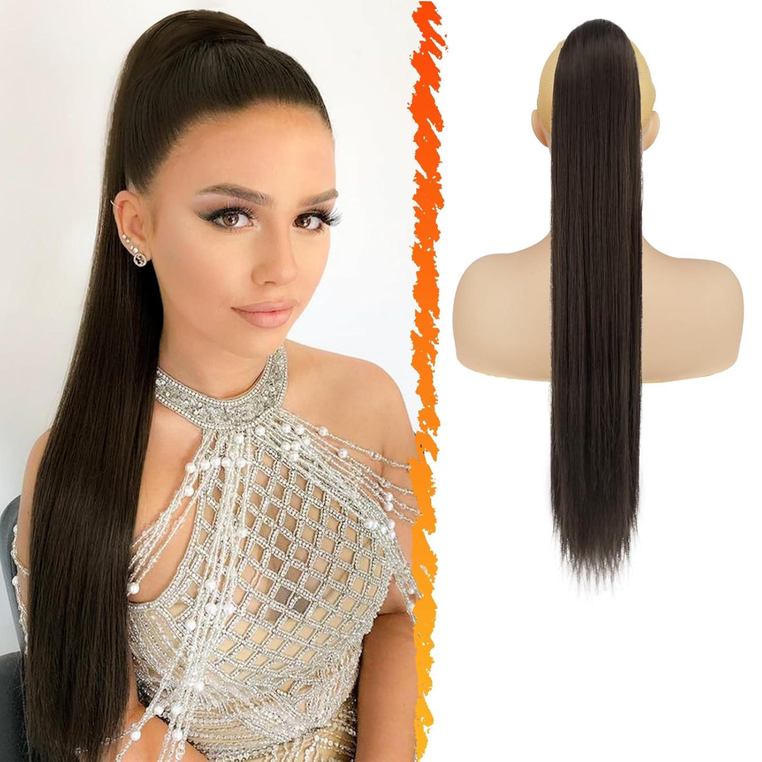Braune Pferdeschwanz Verlängerung 66CM Synthetik Clip Pferdeschwanz
