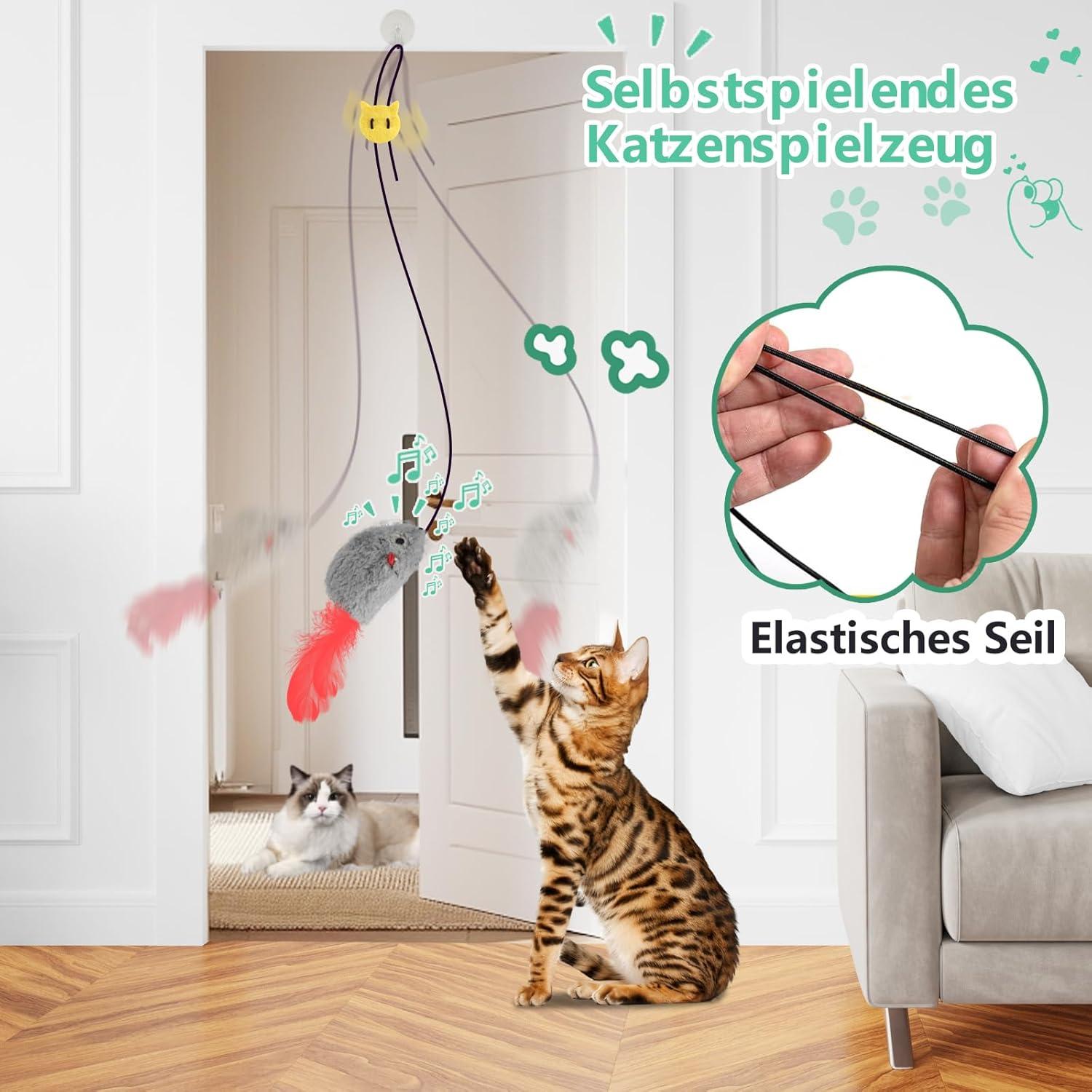 Katzenspielzeug Set: 2 Stück interaktive Mäuse mit elastischem Quietscher & Federschwanz