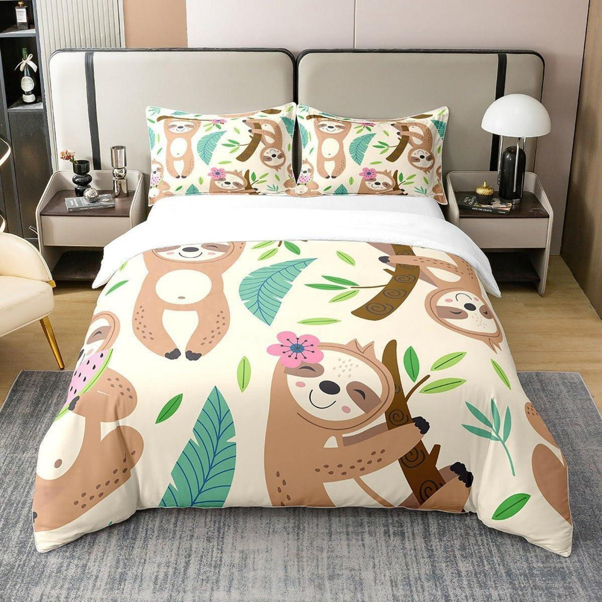 Kawaii Faultier Bettwäsche Set 200x200cm Baumwolle Tropical