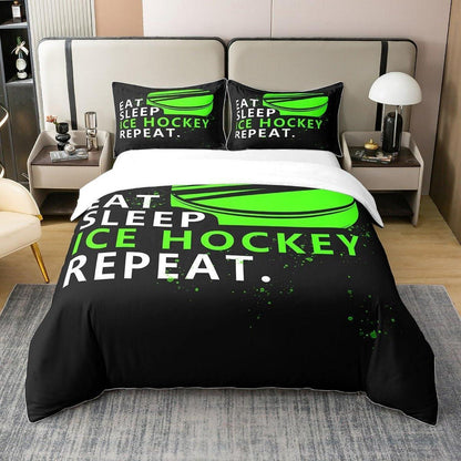Eishockey Bettwäsche Set 200x200cm – Baumwolle, Grün & Puck Design