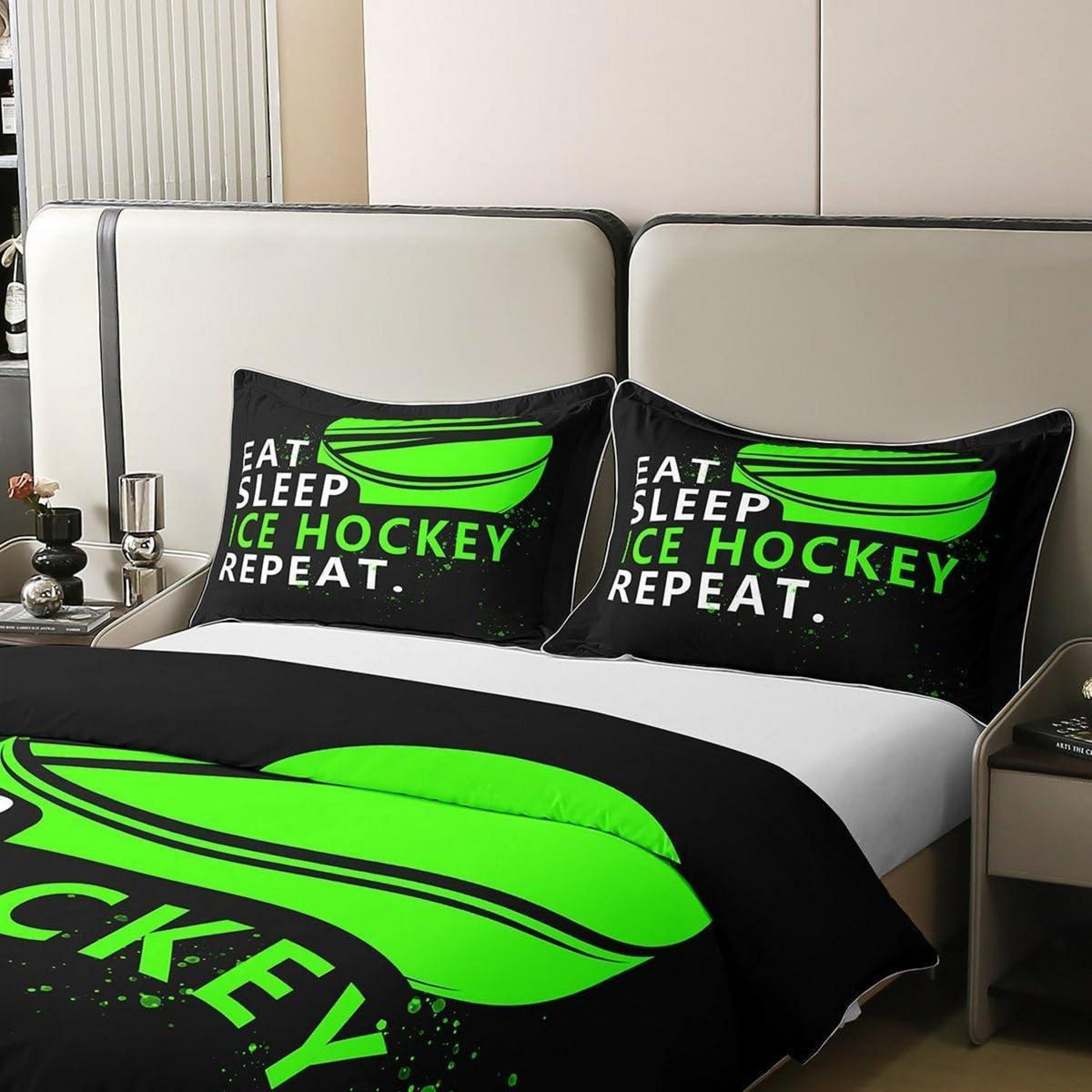 Eishockey Bettwäsche Set 200x200cm – Baumwolle, Grün & Puck Design