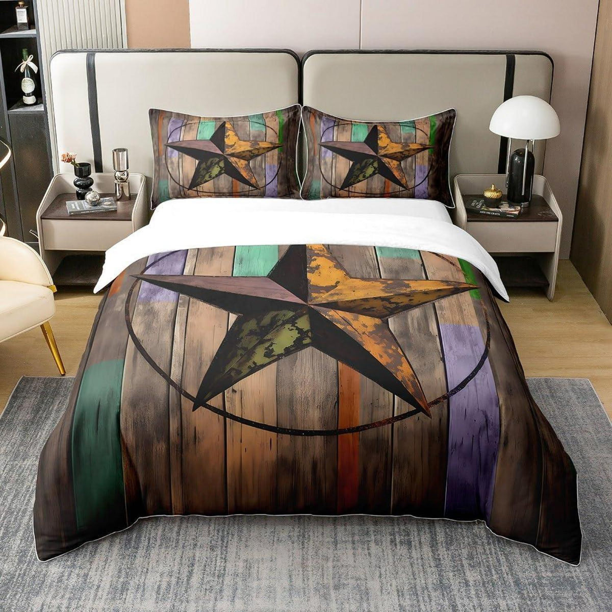 Rustikale Baumwoll Bettwäsche Set 155x220cm – Sternenmuster Vintage