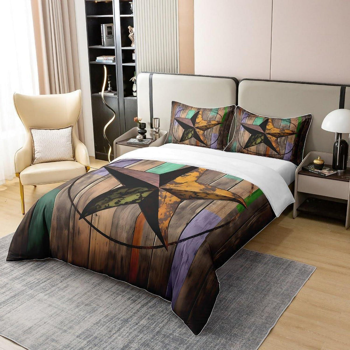 Rustikale Baumwoll Bettwäsche Set 155x220cm – Sternenmuster Vintage