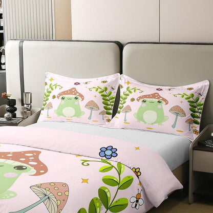 Süße Frosch & Pilz Bettwäsche Set 155x220cm Baumwolle