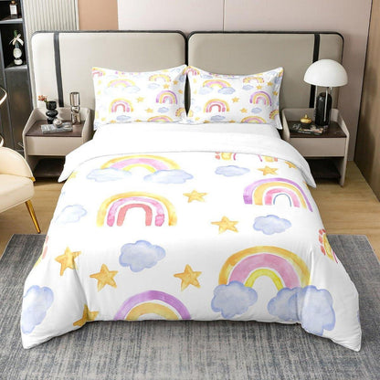Regenbogen Bettwäsche Set 220x240cm Baumwolle Wolken Sterne Kinderzimmer