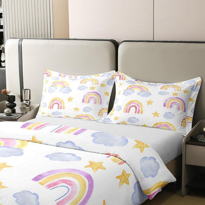 Regenbogen Bettwäsche Set 220x240cm Baumwolle Wolken Sterne Kinderzimmer