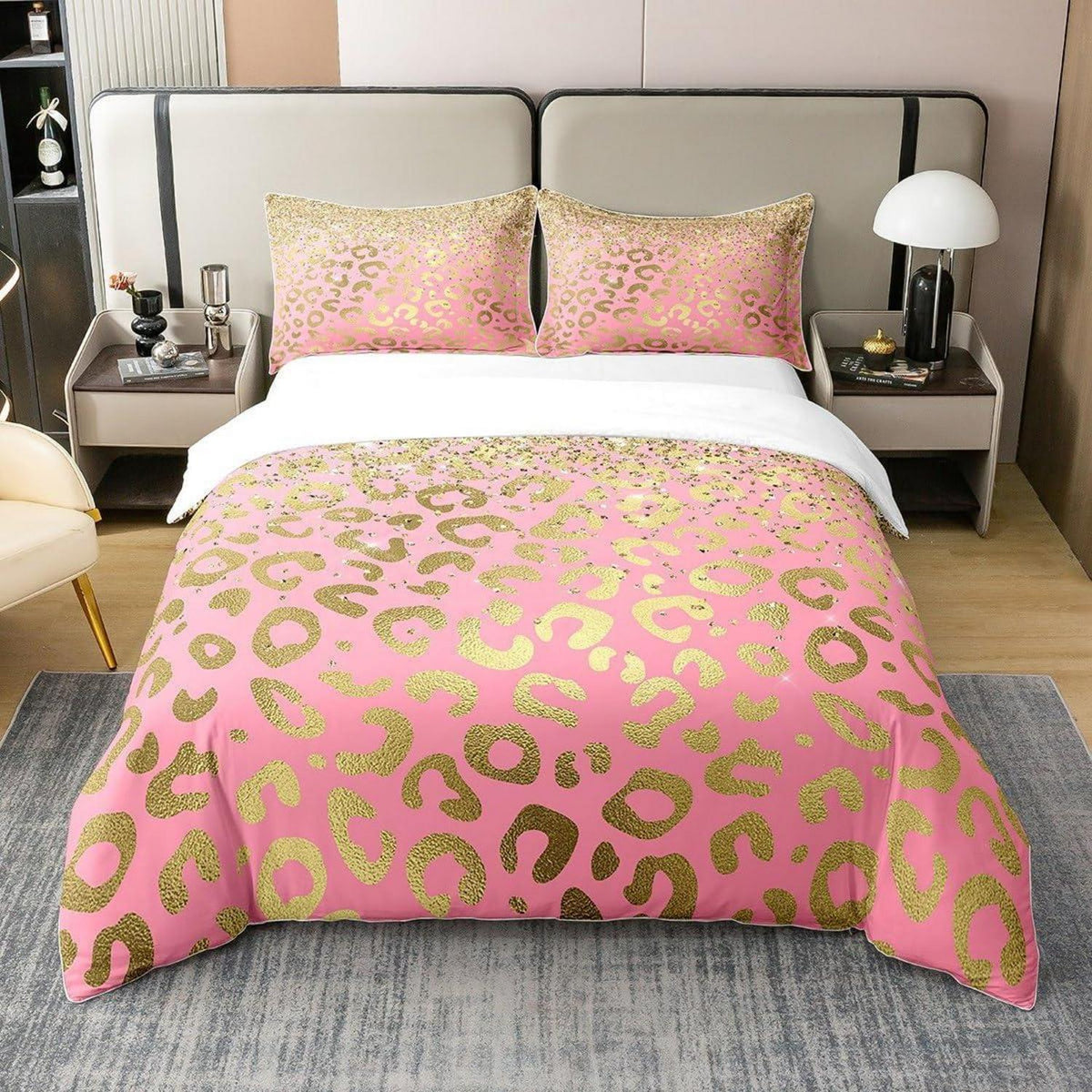 Leopard Bettwäsche Set 220x240cm Baumwolle Pastell Gold