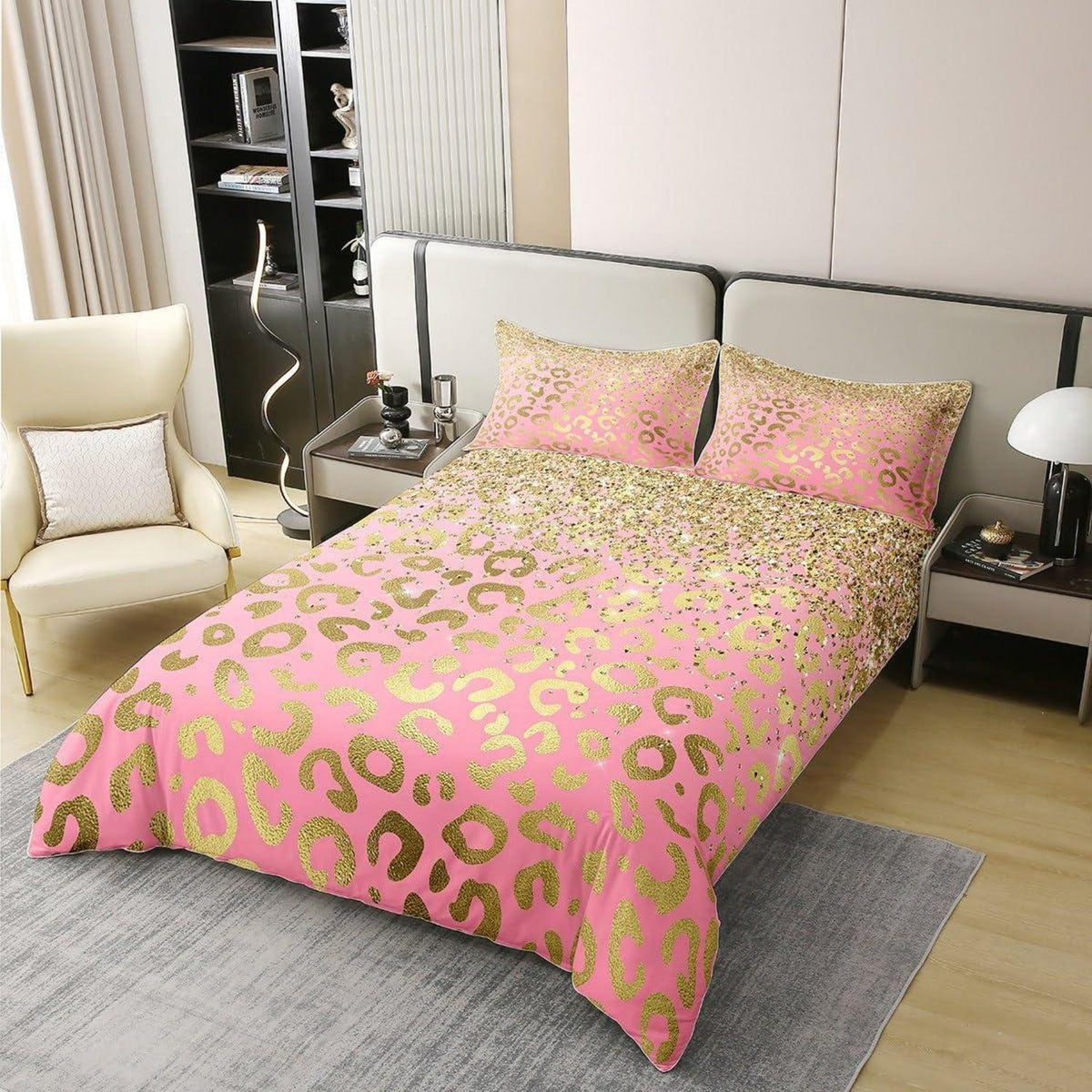 Leopard Bettwäsche Set 220x240cm Baumwolle Pastell Gold