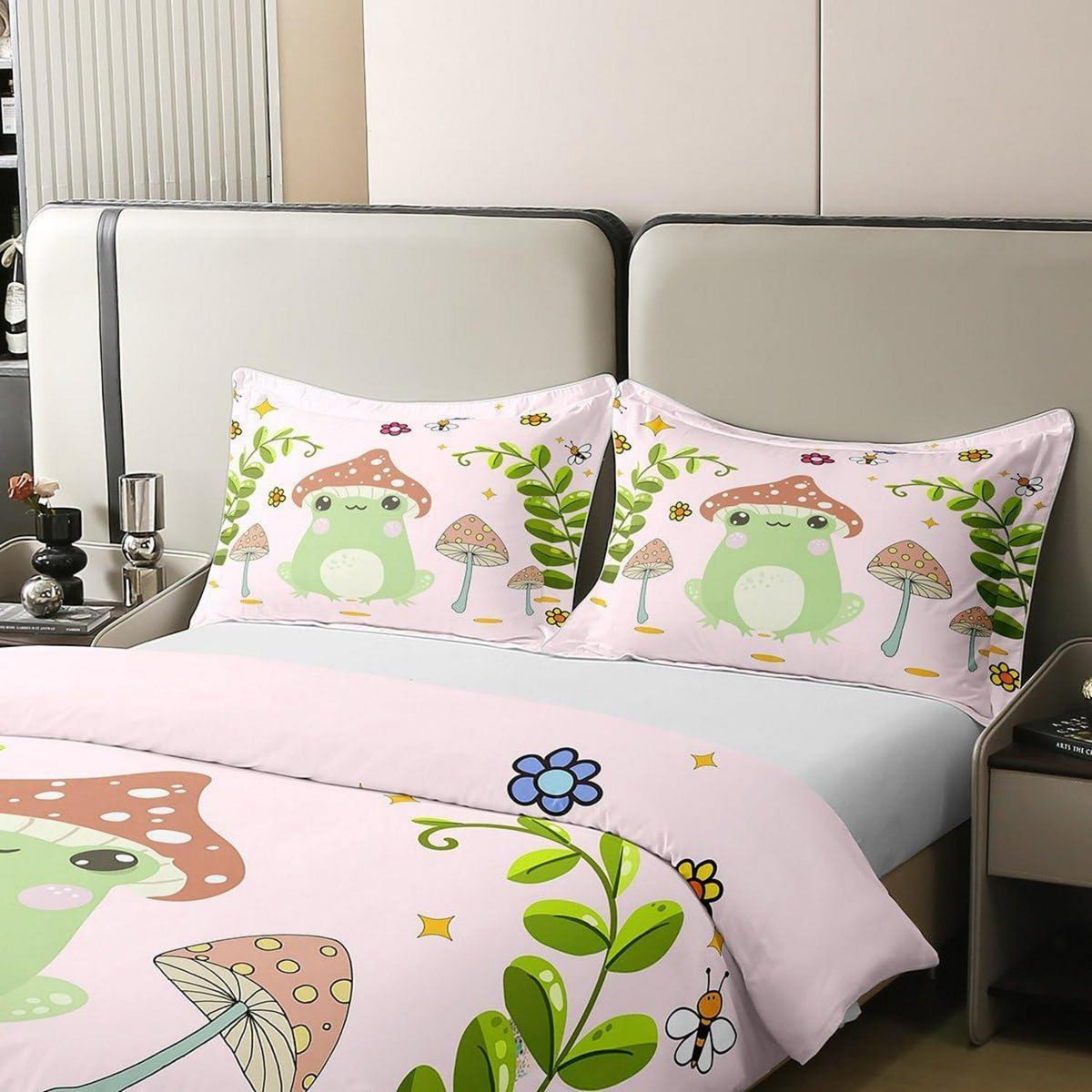 Süße Frosch & Pilz Bettwäsche Set 220x240cm Baumwolle