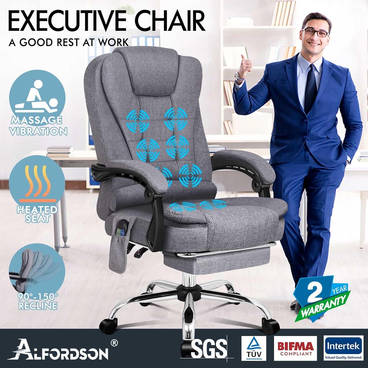 ALFORDSON Bürostuhl mit Massagefunktion - Ergonomisches Design mit großer Sitzpolsterung und Lendenwirbelstütze - Rollen - Grey - Earl Serie
