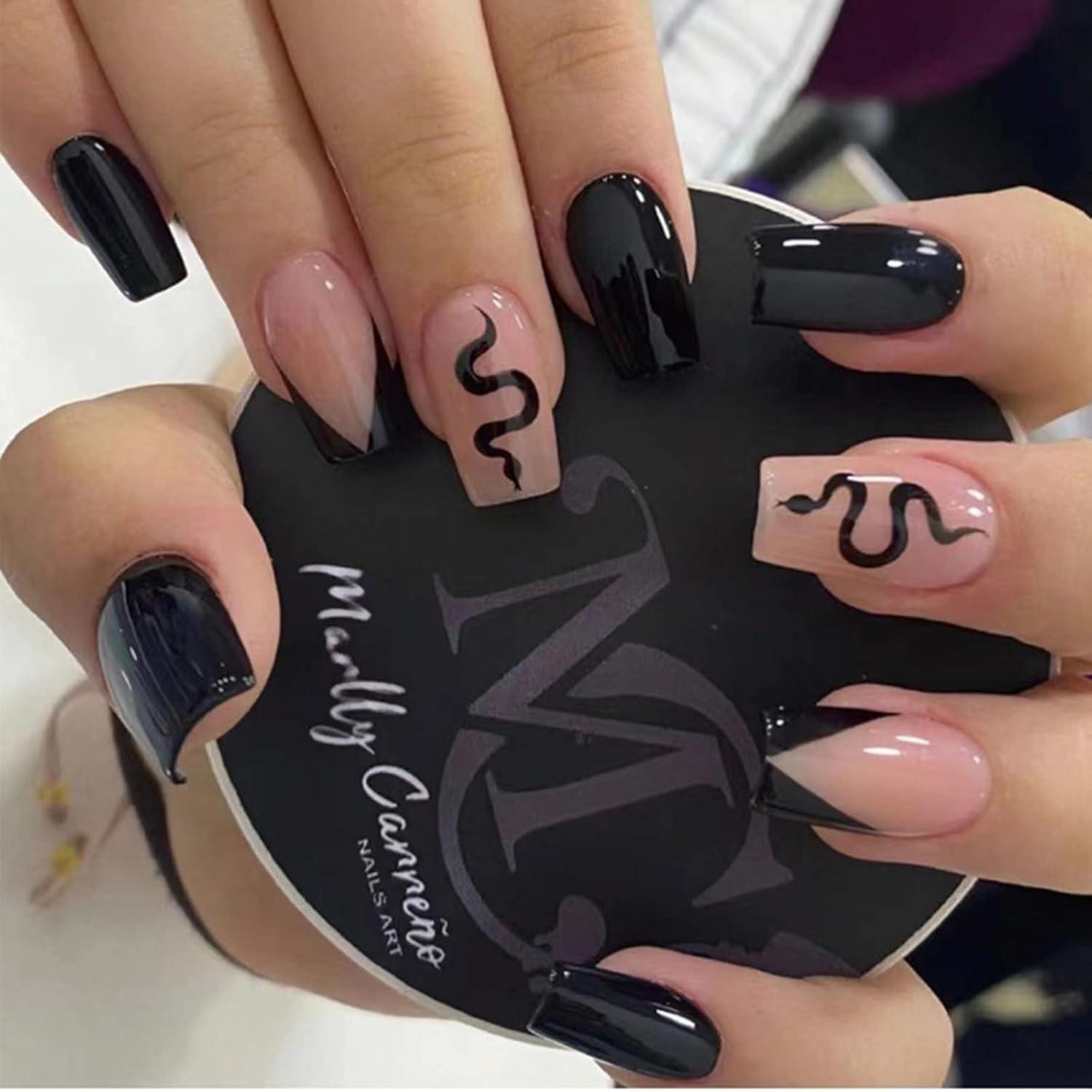 24 Stück Schwarze Press-on Nägel mit Snake Pattern, Kunstnägel