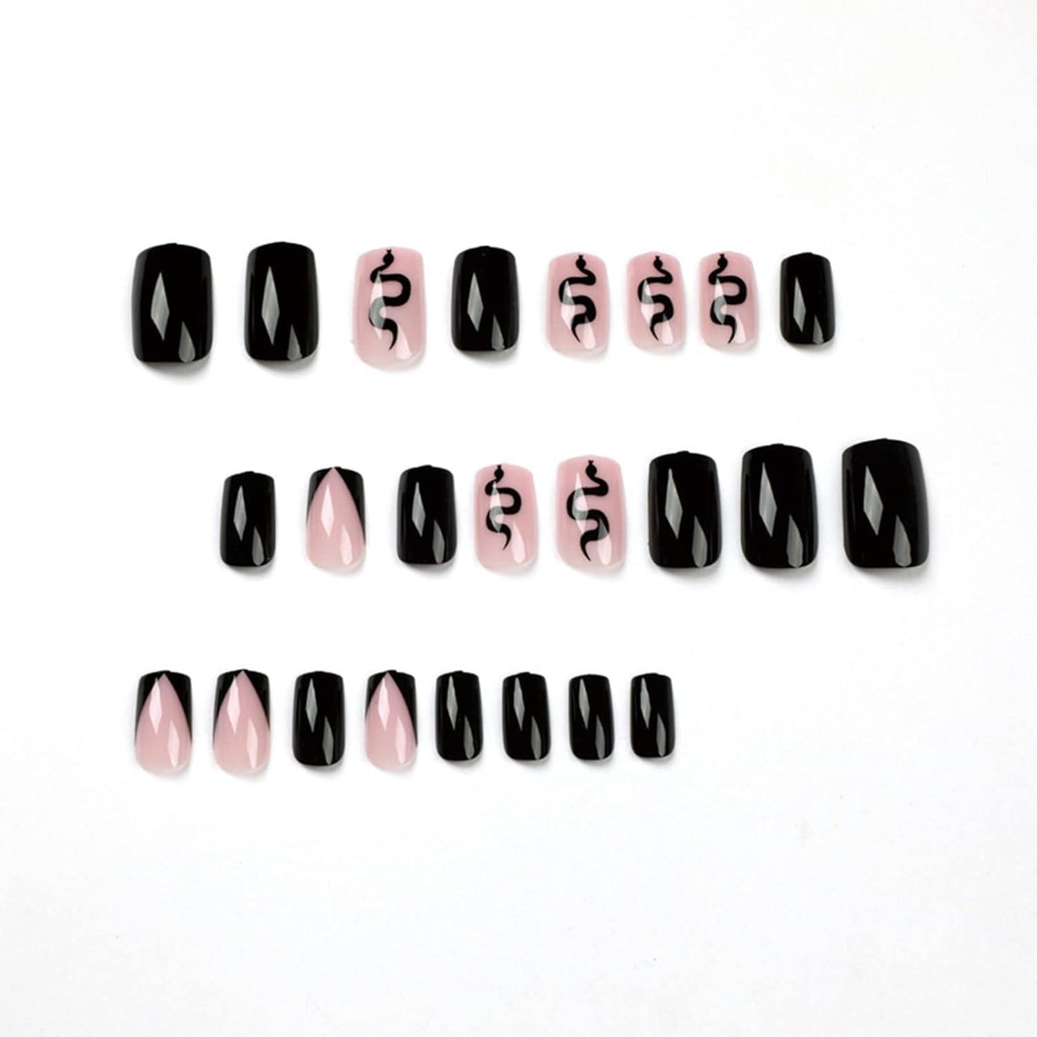 24 Stück Schwarze Kurze Eckige Kunstnägel mit Schlangenmuster - Hochwertige Press on Nails