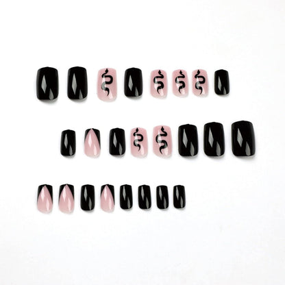 24 Stück Schwarze Kurze Eckige Kunstnägel mit Schlangenmuster - Hochwertige Press on Nails