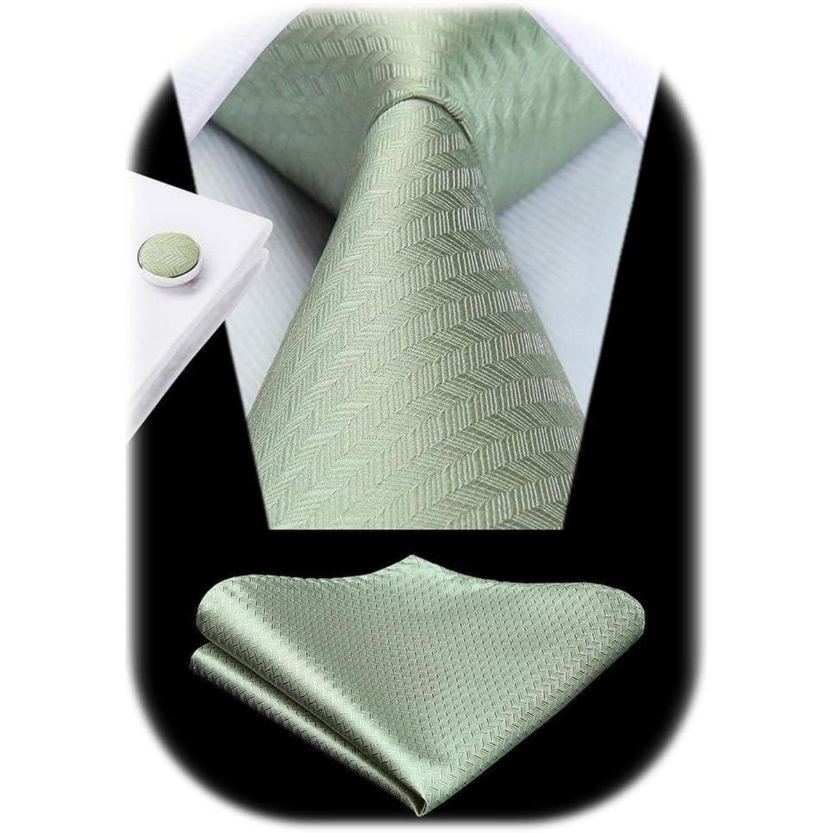 Herren Krawatten Set Seide Paisley mit Einstecktuch & Manschettenknöpfen Salbeigrün