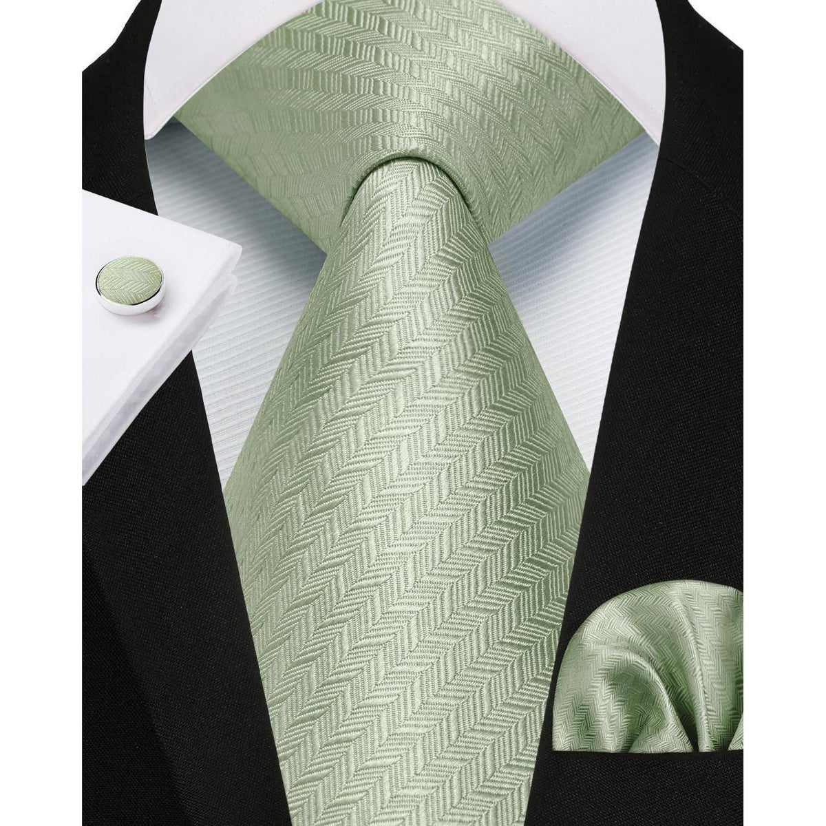 Herren Krawatten Set Seide Paisley mit Einstecktuch & Manschettenknöpfen Salbeigrün
