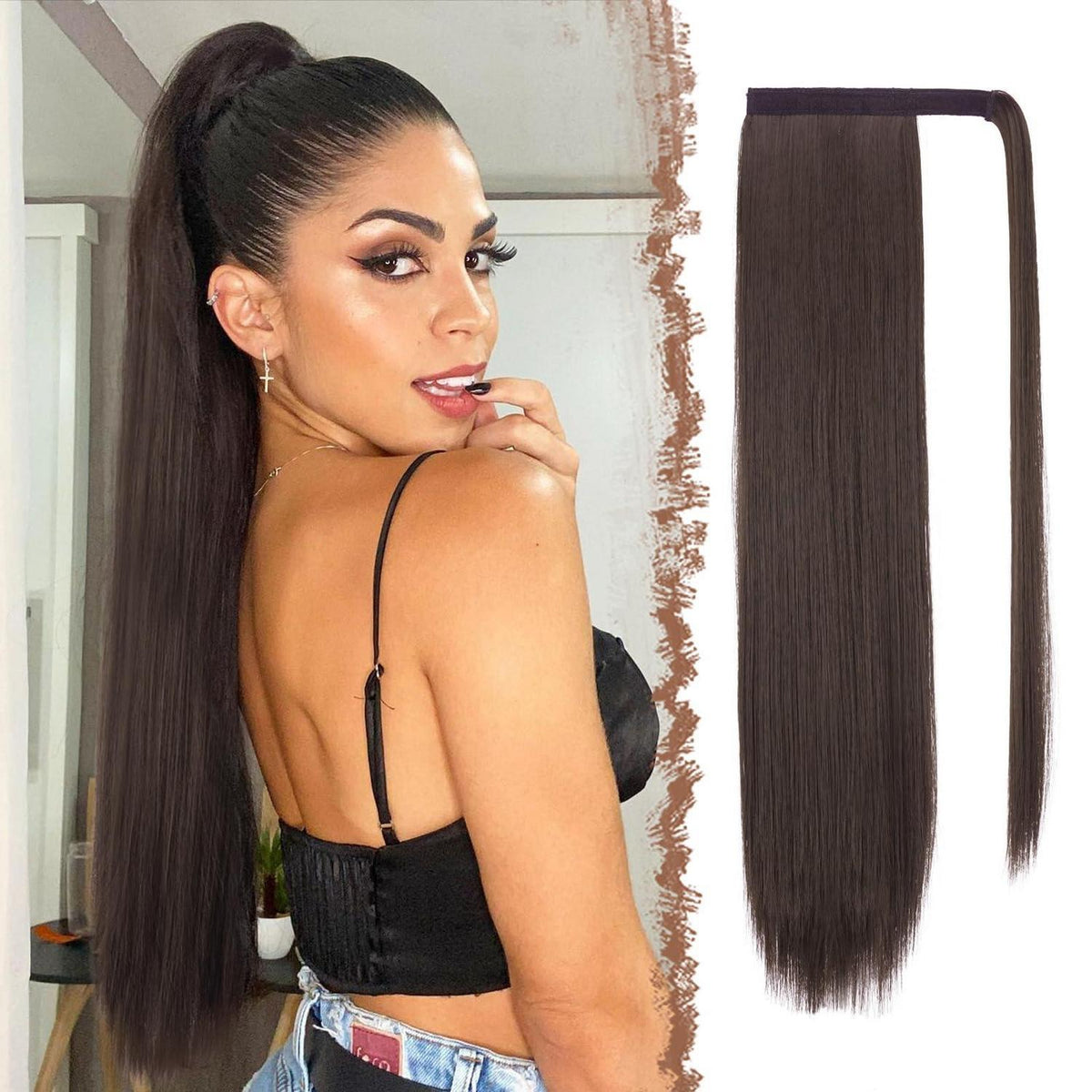 Langer glatter Pferdeschwanz Zopf Haarverlängerung Braun 60cm