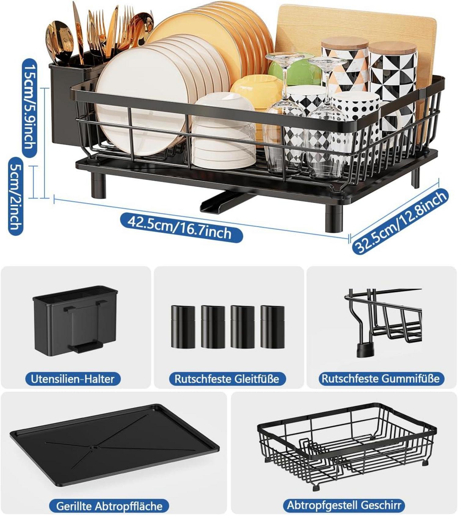 Großes Abtropfgestell Geschirr Edelstahl mit Abtropfschale Schwarz
