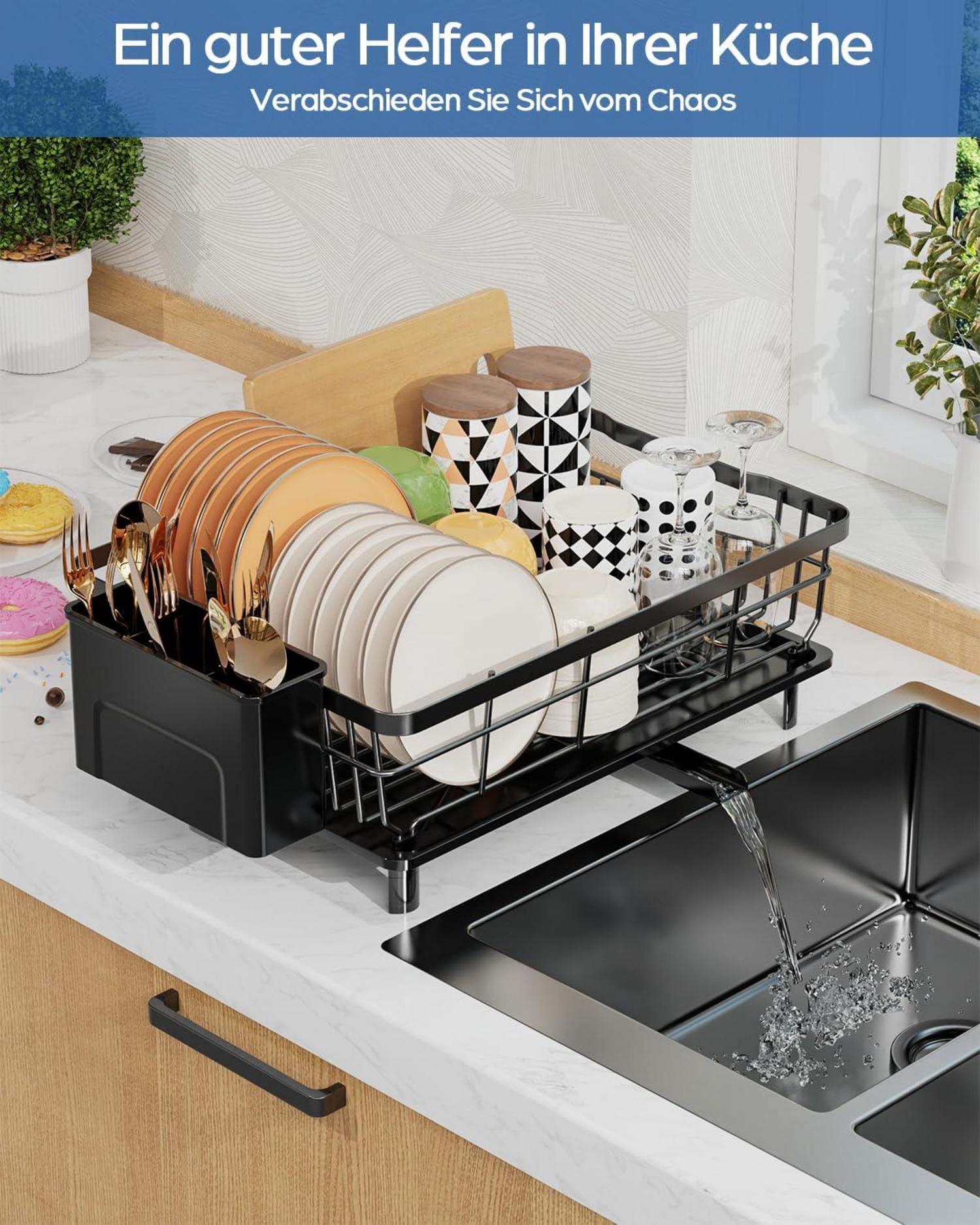 Großes Abtropfgestell Geschirr Edelstahl mit Abtropfschale Schwarz