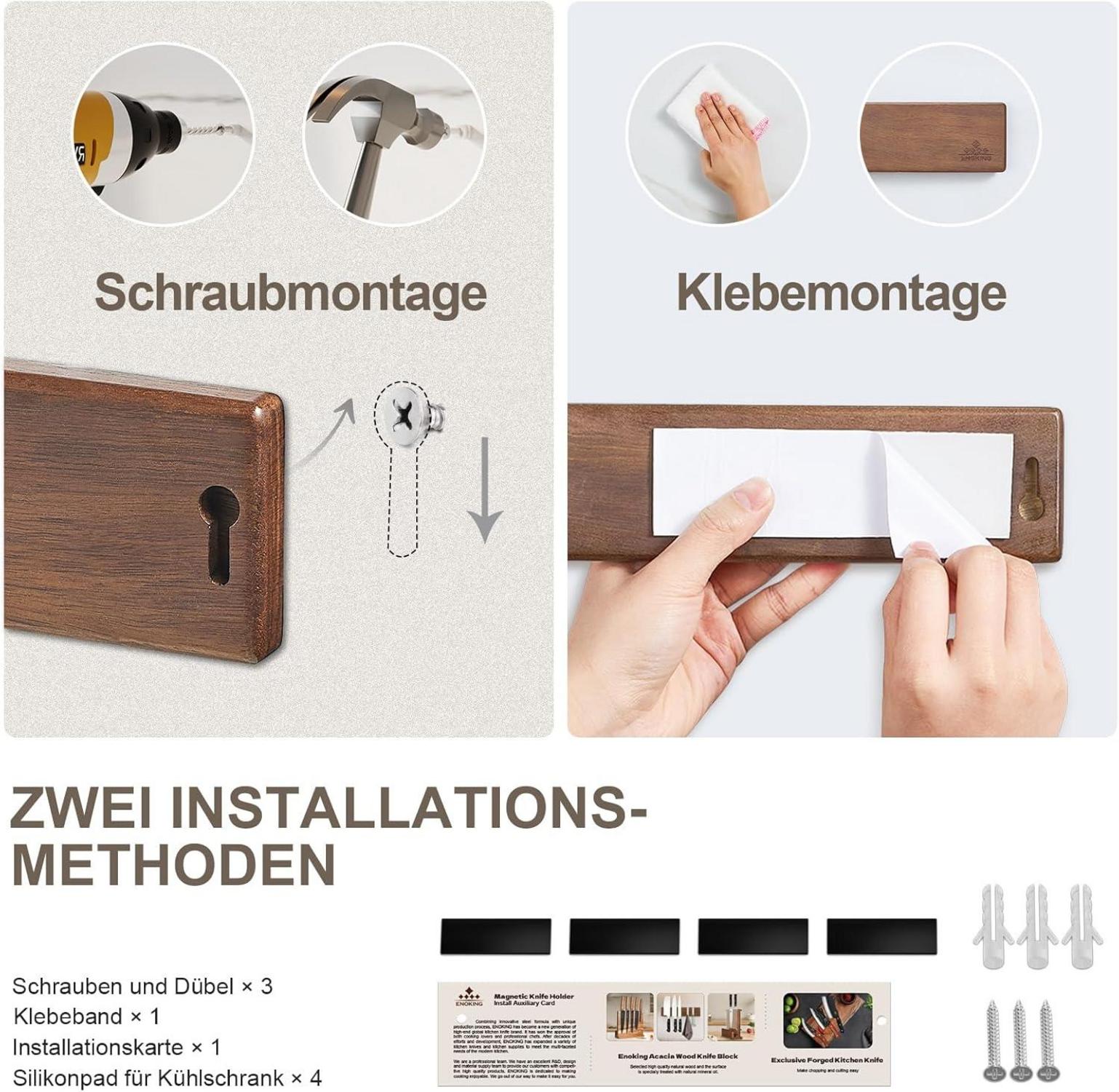 Magnetleiste Messer 40cm Selbstklebend Akazienholz Magnethalter