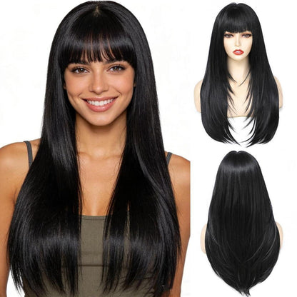 Schwarze Damen Perücke mit Pony, 60cm, Gerade Haar