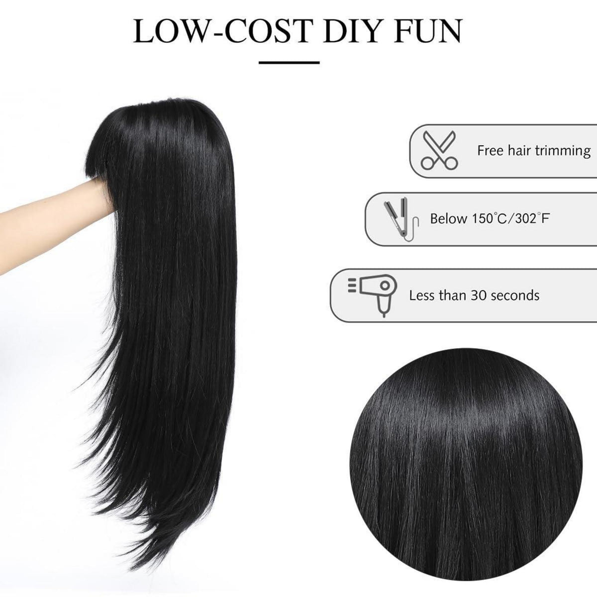 Schwarze Damen Perücke mit Pony, 60cm, Gerade Haar