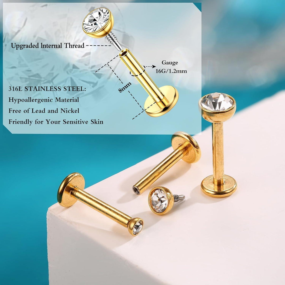 Chirurgenstahl Helix Piercings 12er Set mit CZ, 6/8mm Länge