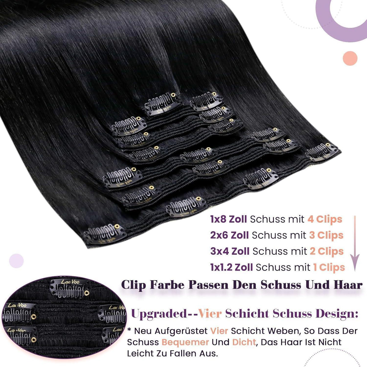 Echthaar Clip in Extensions Schwarz 60cm - Remy Haarverlängerung