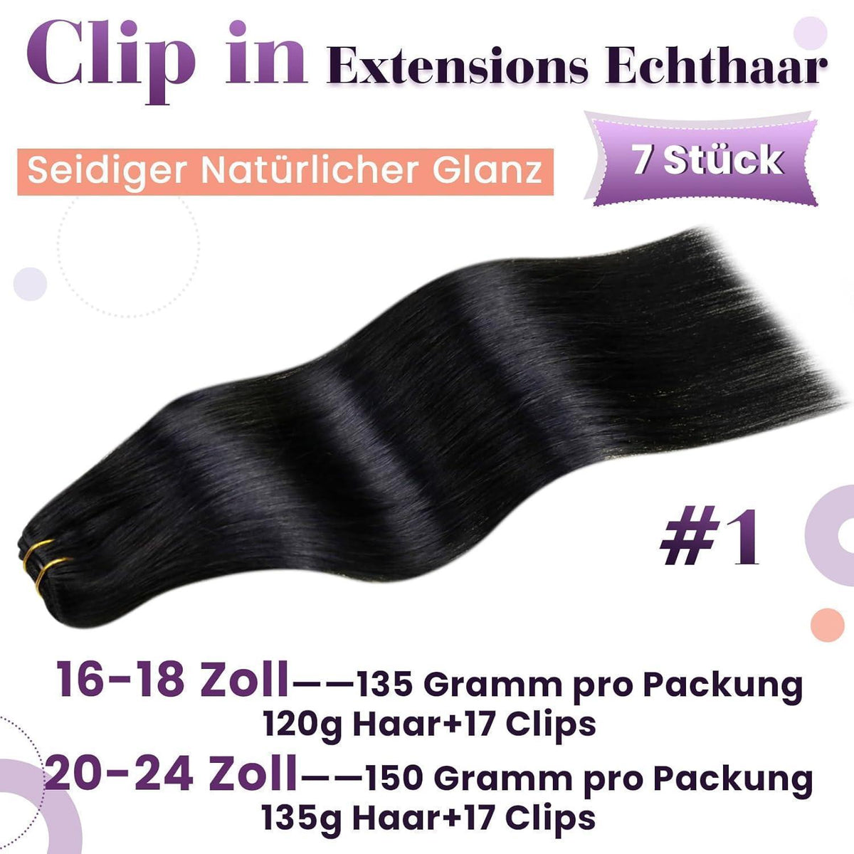 Echthaar Clip in Extensions Schwarz 60cm - Remy Haarverlängerung