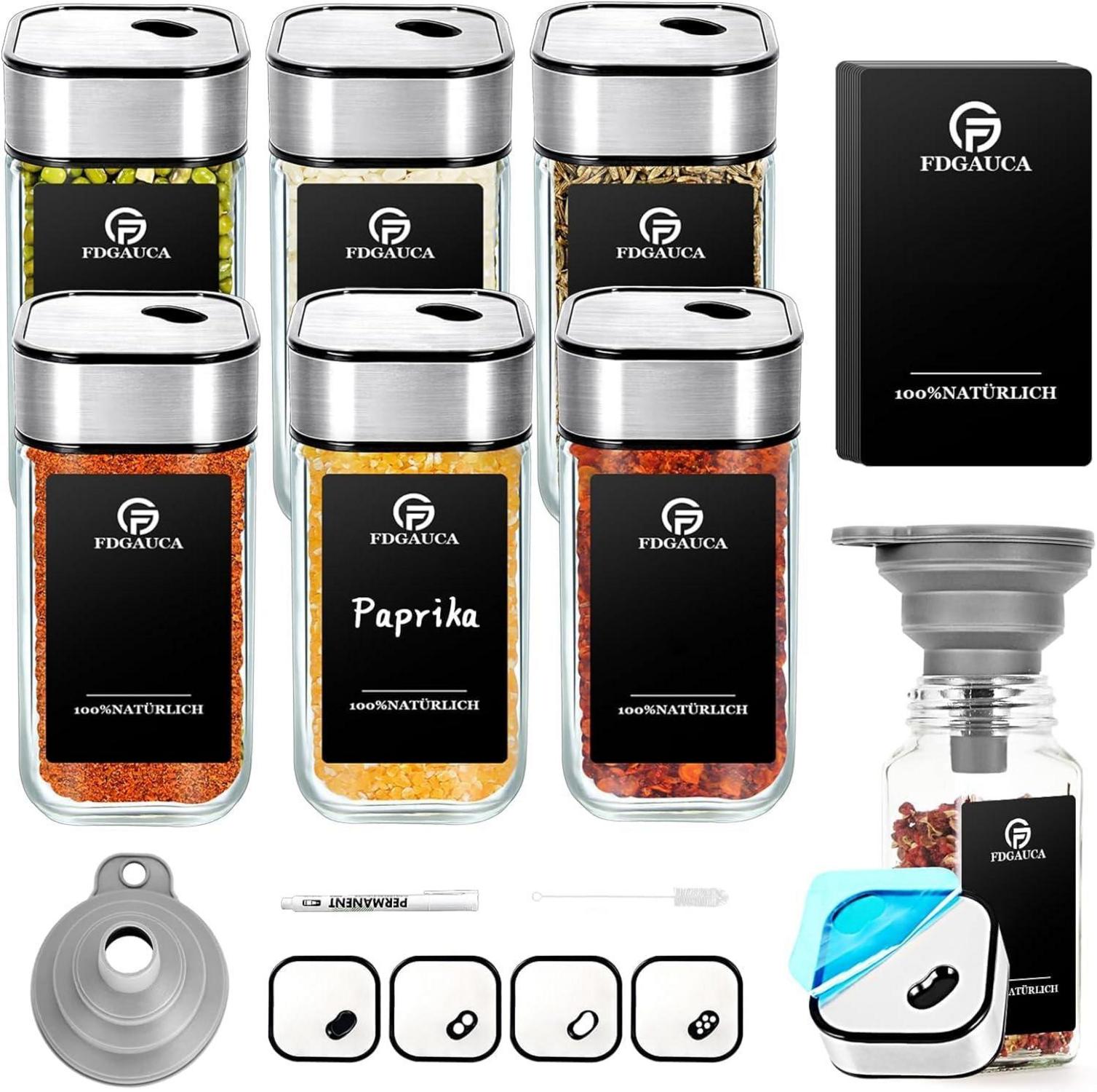 Gewürzgläser Glas Set mit Etiketten, Streueinsatz & Zubehör