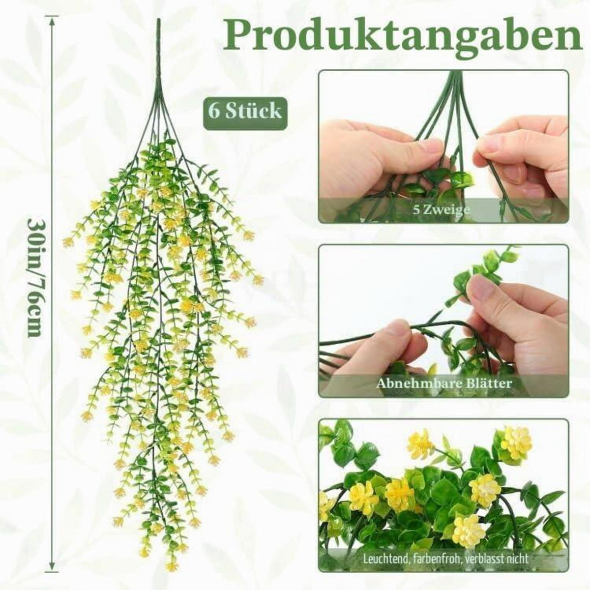 6x Wetterfeste Kunstblumen Gelb - 76cm Hängepflanzen für Balkon & Garten