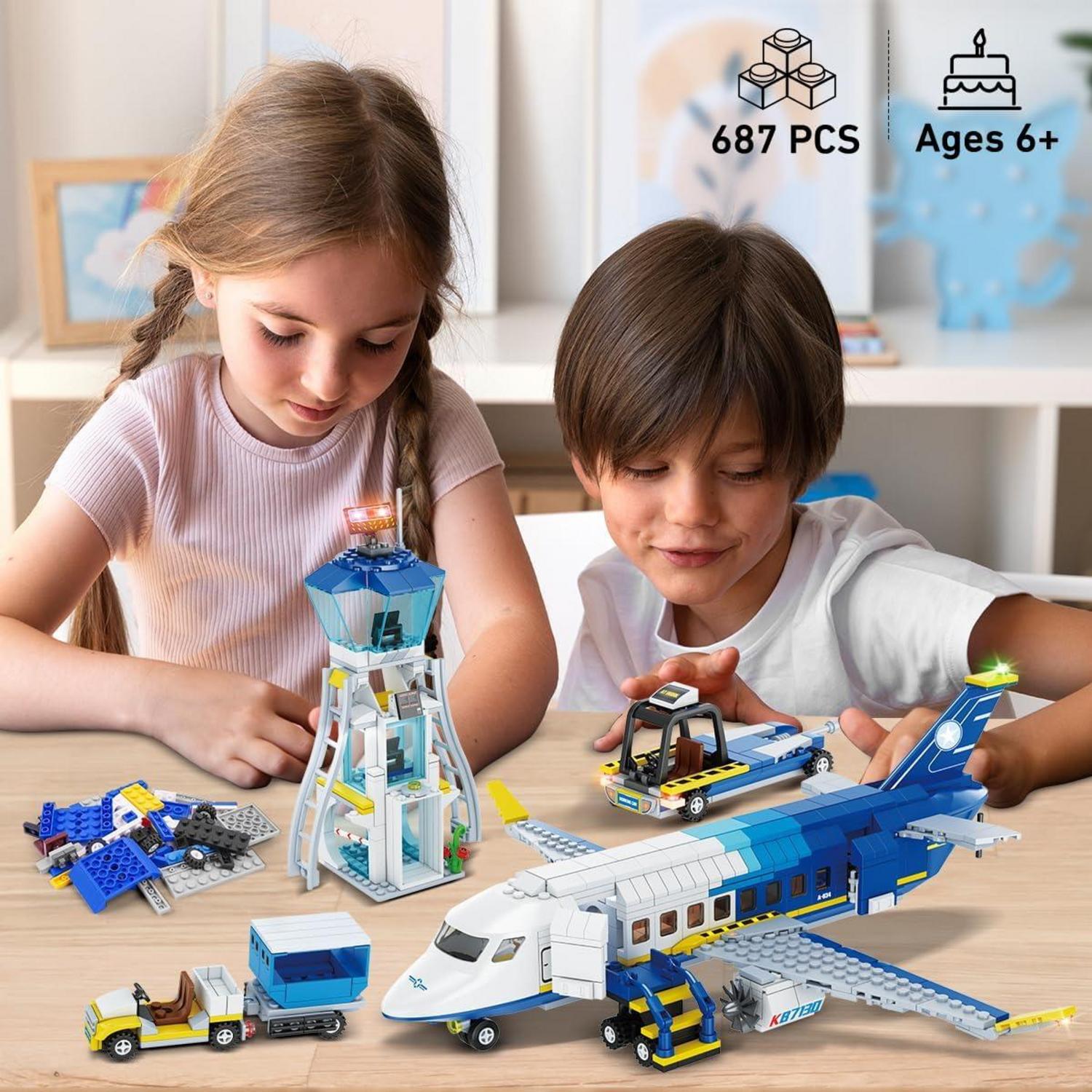City Passagierflugzeug 3 IN 1 Baukasten Set mit Terminal & Gepäckwagen