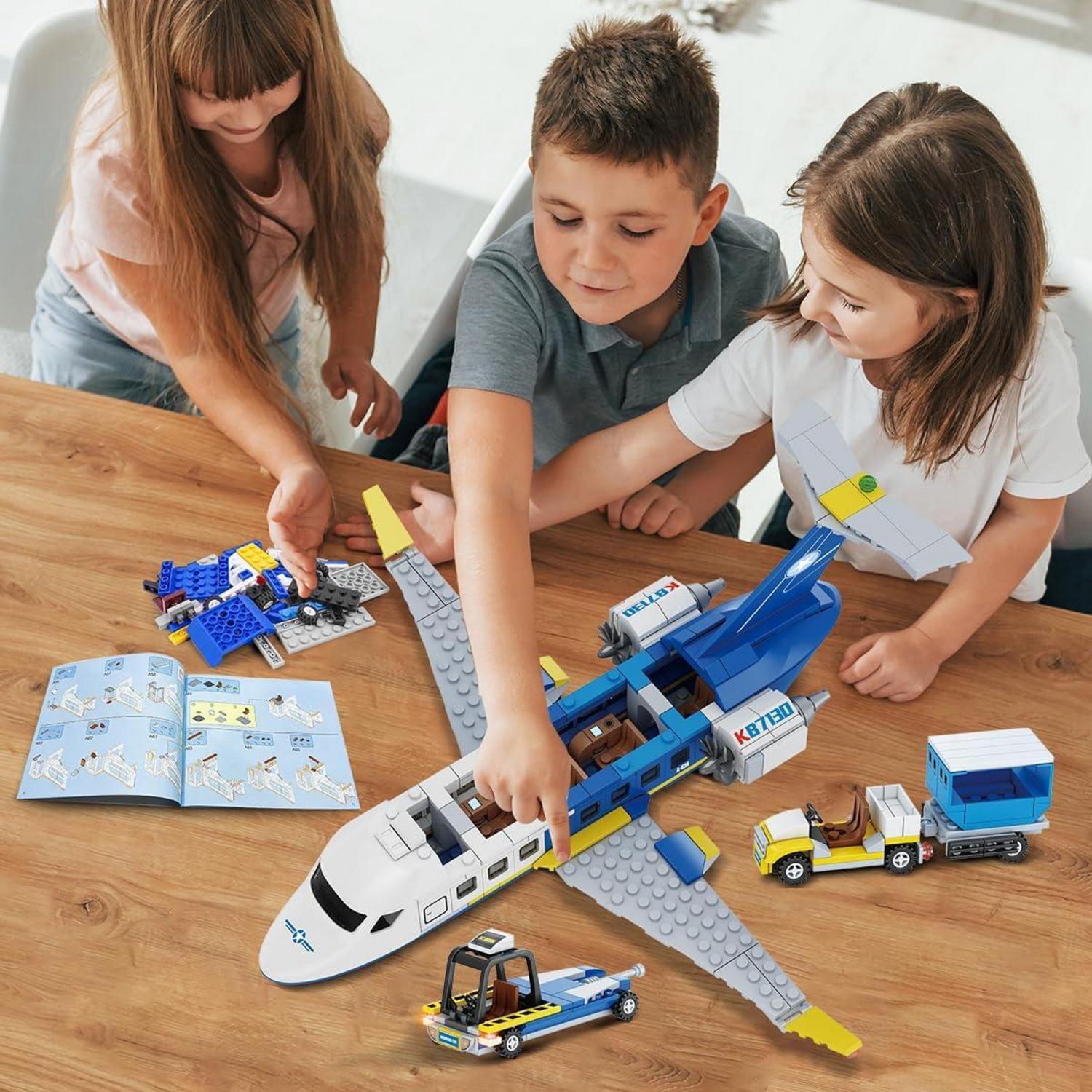 CUBIMANA City Flugzeug Baukasten Set 3 IN 1 Terminal Radarturm Gepäckwagen