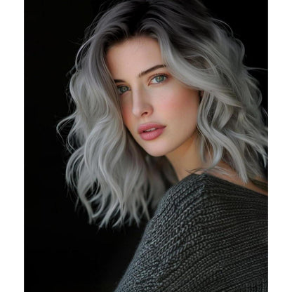 Graue Bob Perücke Wellig Kurz Synthetisch mit Lace Mittelteil