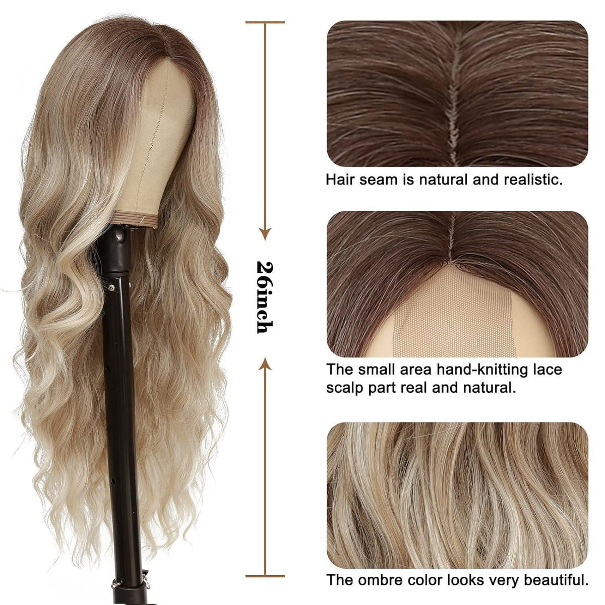 Lange Ombre Blond Wellig Perücke 66cm – Natürliche Synthetik Perücke