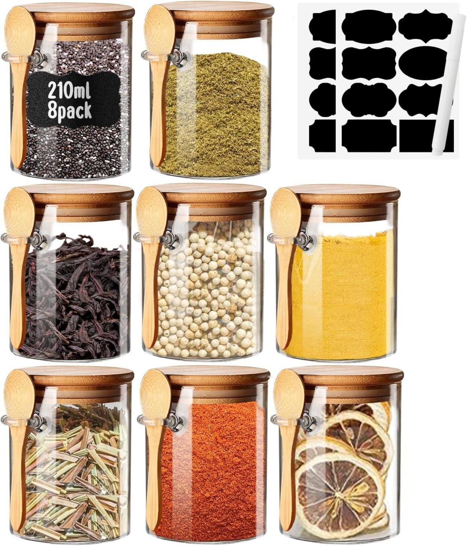 Glas Gewürzgläser Set 7oz Etiketten Luftdicht Deckel Löffel 8PCS
