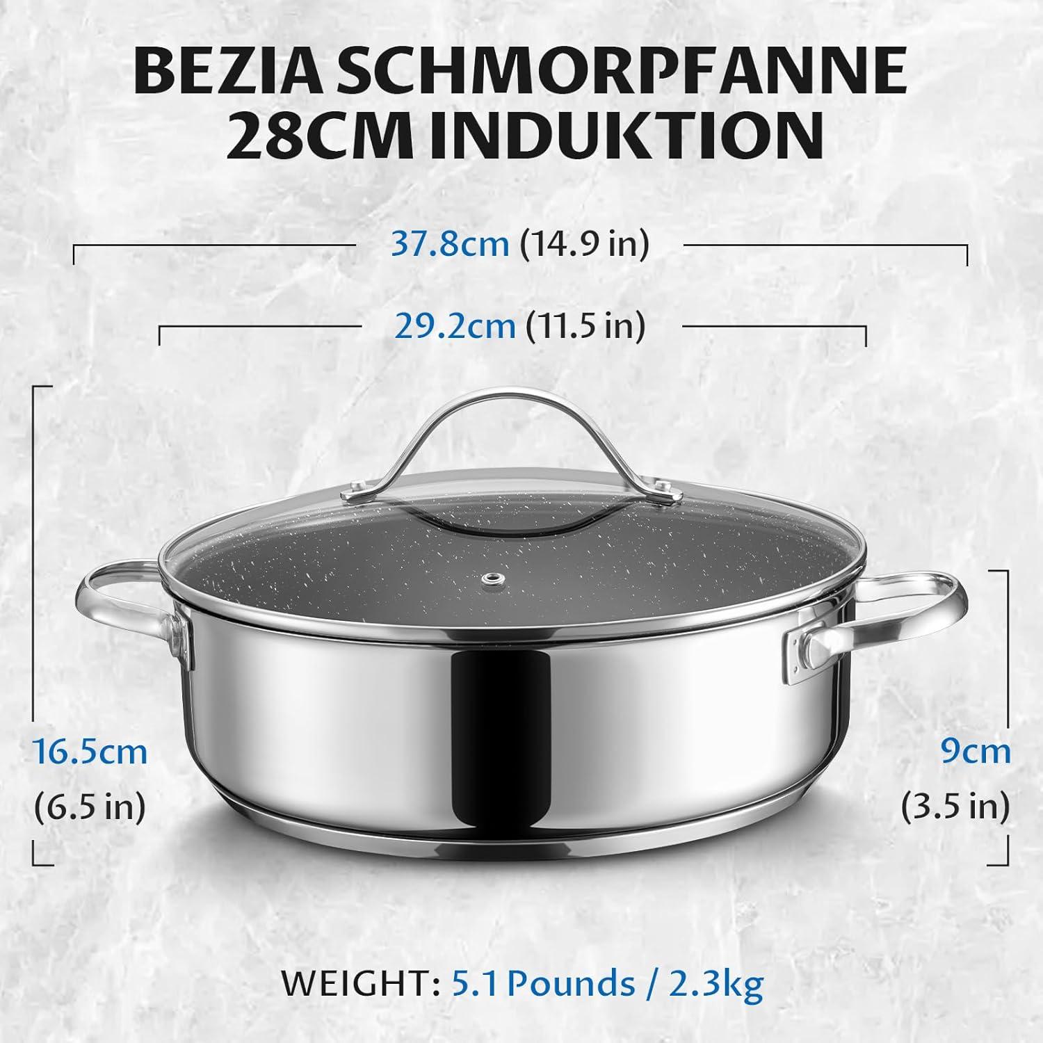 BEZIA Schmorpfanne Induktion 28cm mit Glasdeckel 5,1l