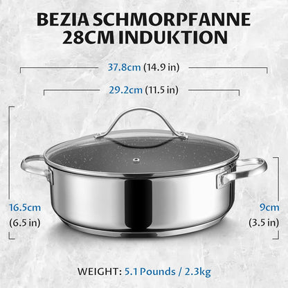 BEZIA Schmorpfanne Induktion 28cm mit Glasdeckel 5,1l