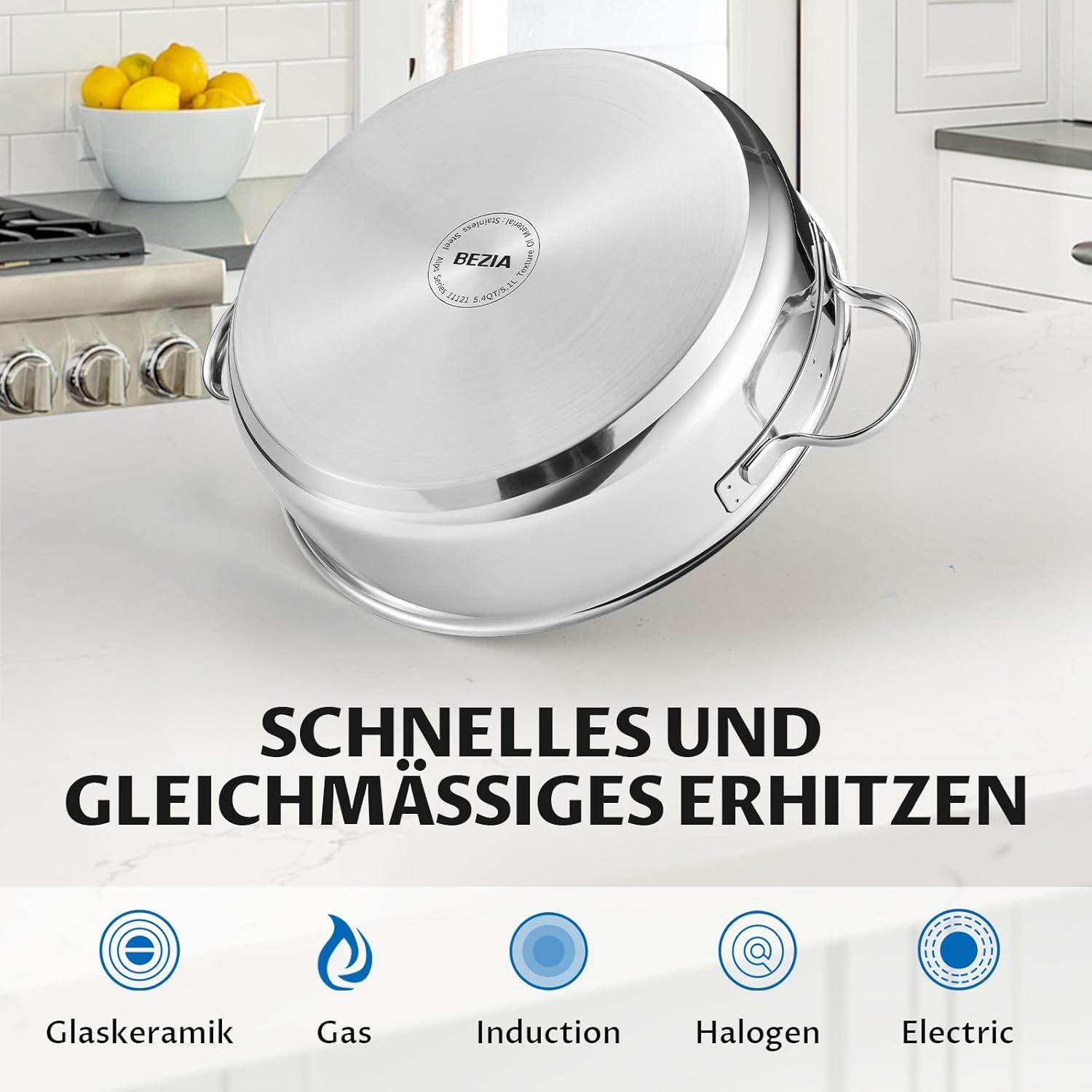 BEZIA Schmorpfanne 28cm Induktion, Edelstahl beschichtet, Deckel 5,1l