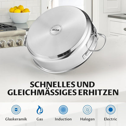 BEZIA Schmorpfanne 28cm Induktion, Edelstahl beschichtet, Deckel 5,1l