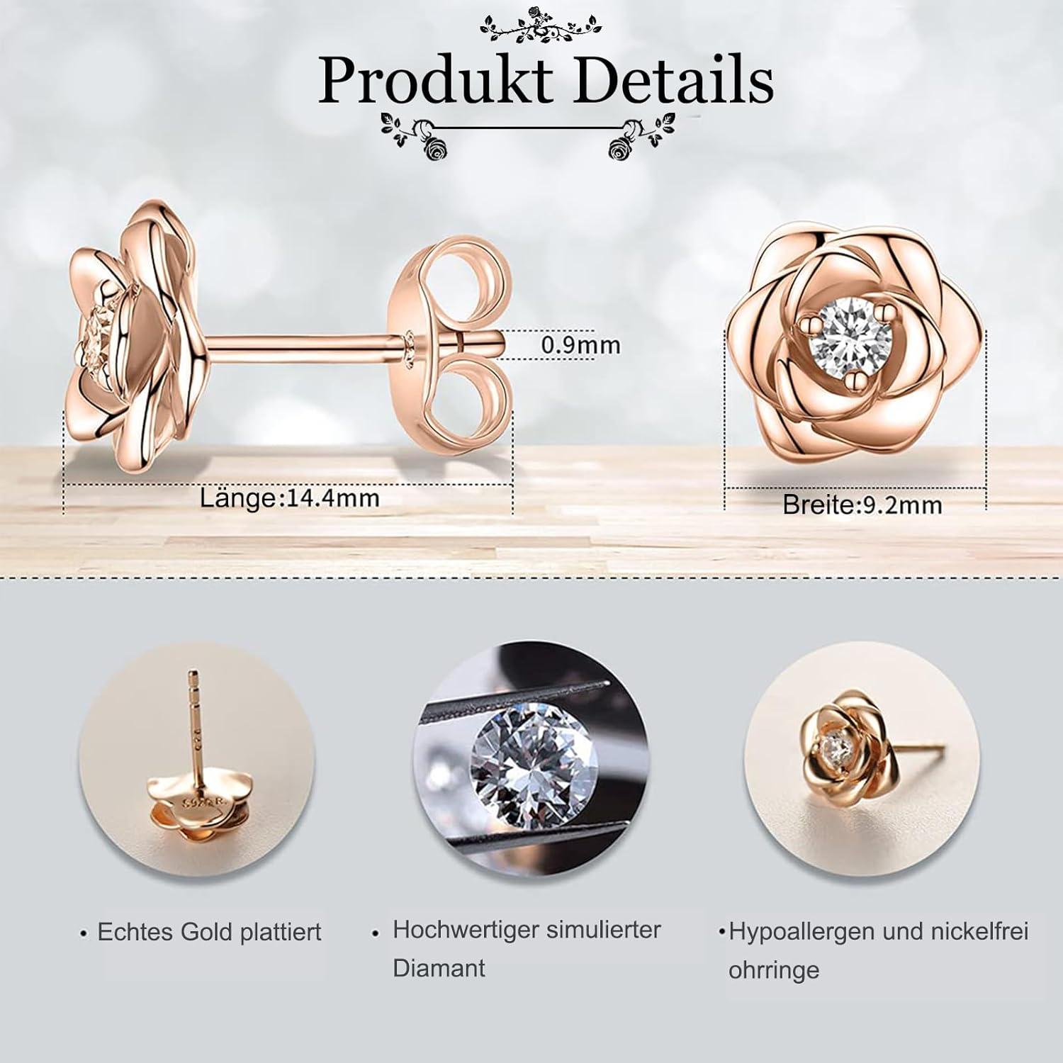 Rose Ohrstecker Rosegold Damen Strasssteinen Blumen Silber 925
